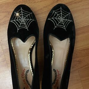 Charlotte Olympia Black Velvet Spider Web Loafers